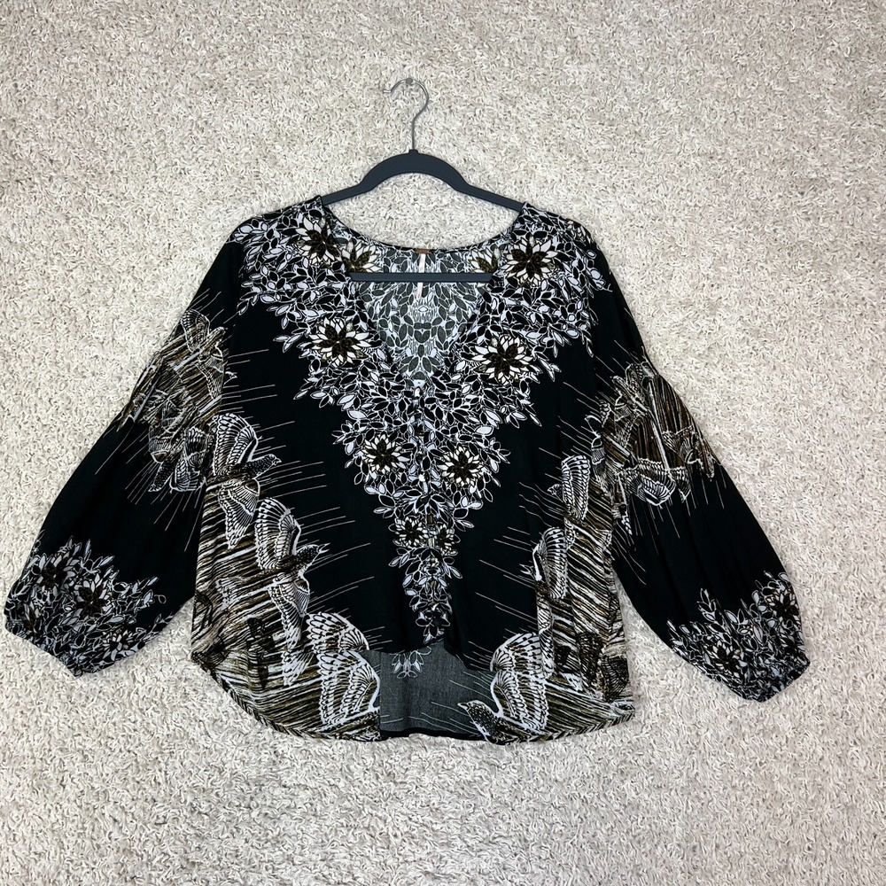 Free People Birds of a Feather Black Combo Balloon Sleeve Peasant Top Small Boho